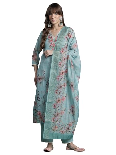Image of INDO ERA Women's Straight Linen Floral Embroidered Kurta & Pant With Dupatta Set (IESTR10644)