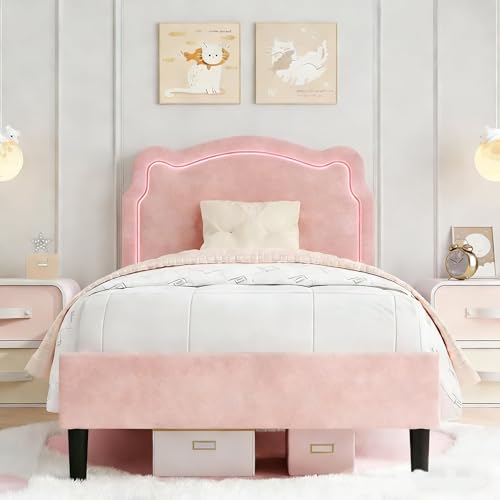 Image of Velvet Upholstered Princess Bed Frame with RGB LED Smart Light, Adjustable Bear Headboard, Wooden Slat Support, No Box Spring Needed, Noise-Free, Easy Assembly, Twin Size for Kids, Twin Pink