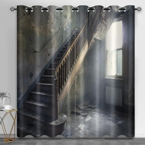 HYGIUID Abandoned Building Window Curtain Panels, Wooden Stairs Kitchen Curtains,