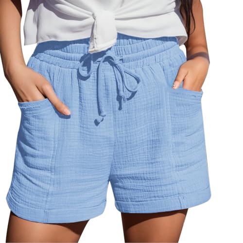 crazy bean Pantalones Cortos Sueltos de Verano para Mujer CóModos Pantalones Cortos de AlgodóN y Lino para Mujer con Bolsillos Pantalones Casuales de Verano con CordóN de Cintura Alta Azul L