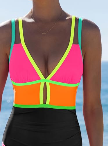 Image of popvil Women One Piece Swimsuit 2026 Tummy Control Sexy Cutout Neon Color Block Bathing Suit Slimming Adjustable Swimwear