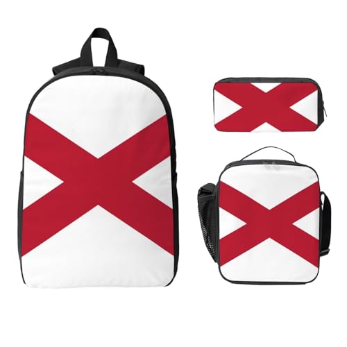 Alabama State Flag print Shoulder Bookbags Lunch Bag and Pen Case 17 inches Backpack with Lunch Box, Cute Bookbag Set2