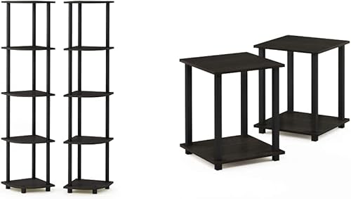 Furinno Turn-N-Tube - Estantes esquineros multiusos de 5 niveles, juego de 2 y juego de 2 mesas auxiliares simplistas, espressonegro