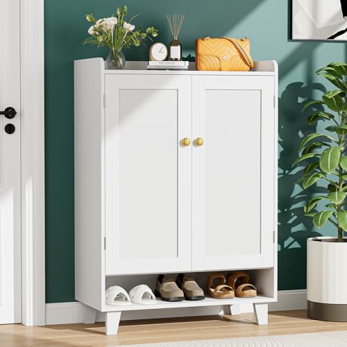 Flat-Shelf Shoe Cabinet with Doors，6-Tier Shoes Storage Cabinet with Adjustable Shelves，Wooden Shoe Rack Shoes Storage Organizer Cabinets for Entryway, Hallway, Living Room