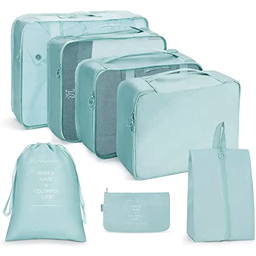Image of Packing Cubes for Travel, 7-Piece Luggage Organizer Set with Shoe Bag & Laundry Pouch, Lightweight Compression Travel Organizers for Suitcases, Carry-On & Backpacks (SKY BLUE)