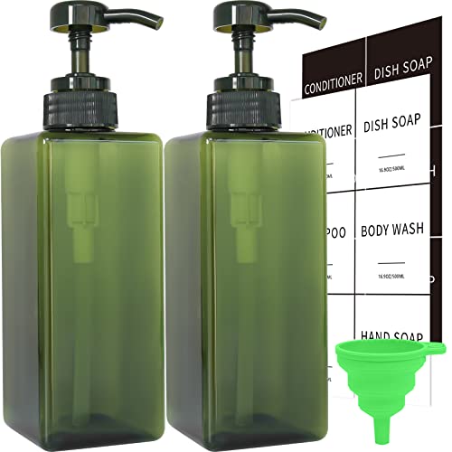 Image of Green Soap Dispenser with Waterproof Labels, 16 oz Dish Soap Dispenser for Kitchen, Thickened Plastic Hand Soap Dispenser for Bathroom, Shampoo and Conditioner Pump Bottles with Silicon Funnel, 2 Pack