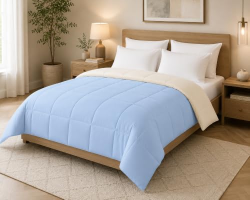 Image of Single Lightweight 200 GSM Comforter, Light Blue & Ivory