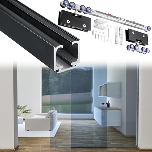 15ft Heavy Duty Sliding Barn Door Track Kit - Soft Close Hardware Set with Smooth Rollers, Silver-White Glass Rail for Easy Installation and Enhanced Durability