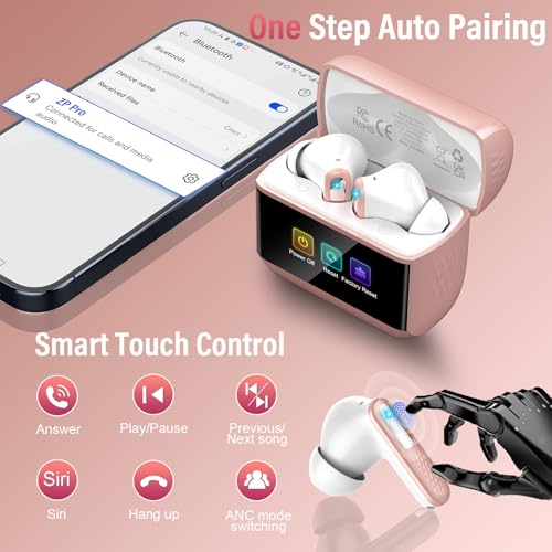 Image of Wireless Earbuds with Touch Screen, Bluetooth 5.4 Headphones, ANC /ENC Noise Cancelling, 48H HiFi Stereo Bluetooth Ear Buds with 5 EQ Modes, Transparency Mode, IPX7 Earphones, Rosa