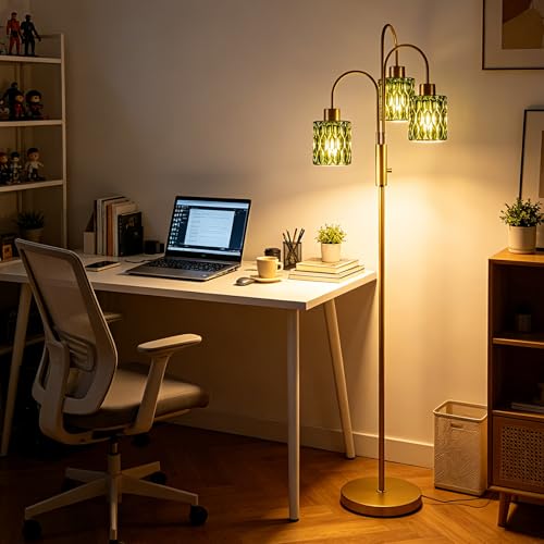 Image of 70 inch Glass Floor Lamp, 3-Light Gold Dimmable Standing Tall Lamp with Green Ribbed Glass Shades &3PCS 3000K Warm White Bulbs, Modern Tree Pole Lamp for Living Room Bedroom Home Decor