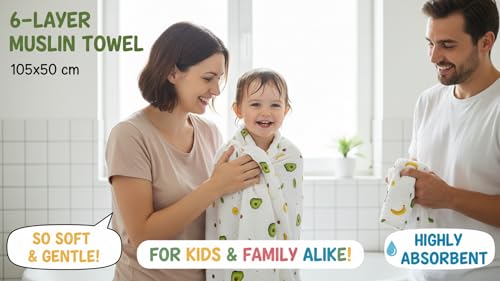 Image of Muslin Bath Towel for Babies - 6 Layer Premium Cotton, Super Soft, Breathable & Highly Absorbent, Gentle on Sensitive Skin for Kids Boys and Girls (105 * 50 CM, Avocado)