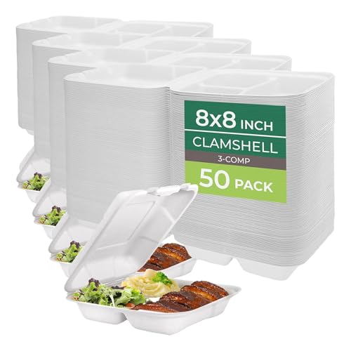 Image of Freshware Compostable Clamshell Food Containers [8x8] 3-Compartment, Disposable - Paper Food Containers - Microwave & Freezer Safe, Stackable (Pack of 200)