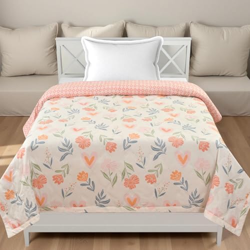 Image of IVAZA Luxury Ultrasonic Punch AC Comforter Blanket - Quilted Microfiber Floral Pattern, Lightweight Breathable All‑Season Blanket for Bedroom, Travel (Singled Bed,228x152 CM) (Coral Orange)