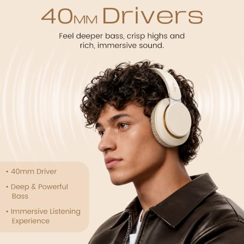 Image of PunnkFunnk FusionBeat Wireless Bluetooth Headphones with BT 5.3, Noise Cancelling, Hi-Res Audio, 40mm Drivers, Deep Bass, Memory Foam Ear Cushions, Over-Ear Headset, Teens & Adults (Beige)
