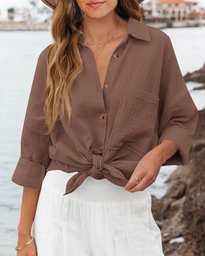 Image of NOLLSOM Casual Shirts for Women Long Sleeve Button Down Blouses Fall 2026 Solid Color Trendy Tops with Pocket