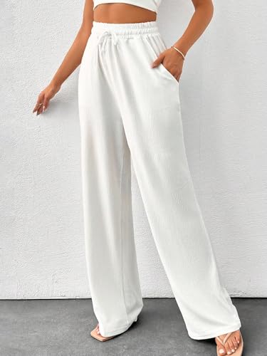ZAFUL Women's Wide Leg Casual Pants Linen Look High Waist Drawstring Straight Solid Trousers with Pockets4