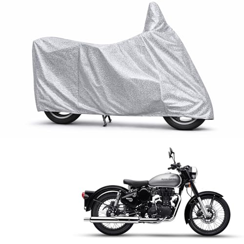 Image of 100% Waterproof Two Wheeler Body Cover Multi Layered Fabric Designed for Royal Enfield Hunter 350 | Belt Buckle Lock | Silver Mag