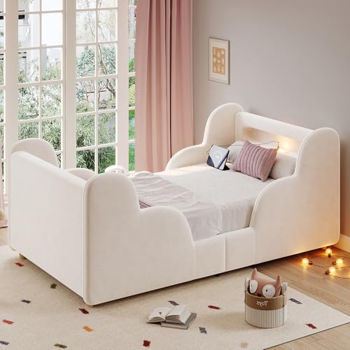 ZKLOEP Cama infantil tapizada de 90 x 200 cm, cama individual, terciopelo, beige, con barandillas protectoras, estantes y patas de madera maciza