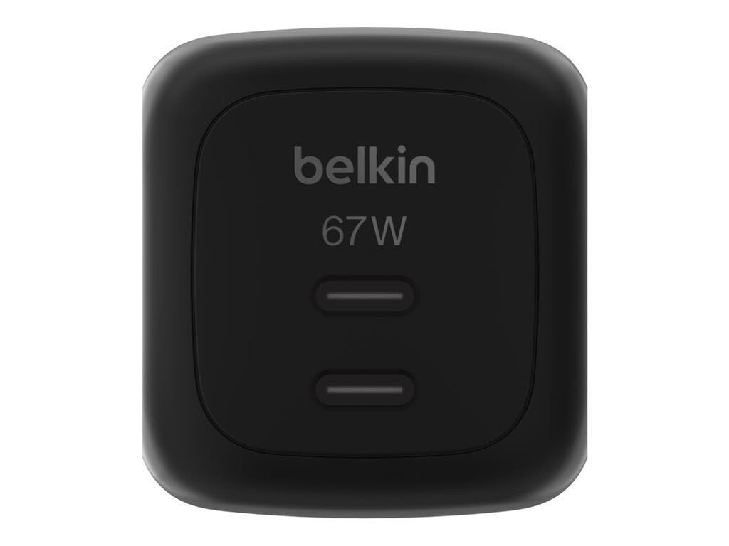 Belkin BoostCharge Pro 2-portowa Ładowarka USB-C 67 W, Szybkie Ładowanie | Ładowarka GaN z 2 Portami USB-C Urządzeń MacBook, iPhone, iPad Pro, Chromebook, Samsung Galaxy, Pixel – Czarna
