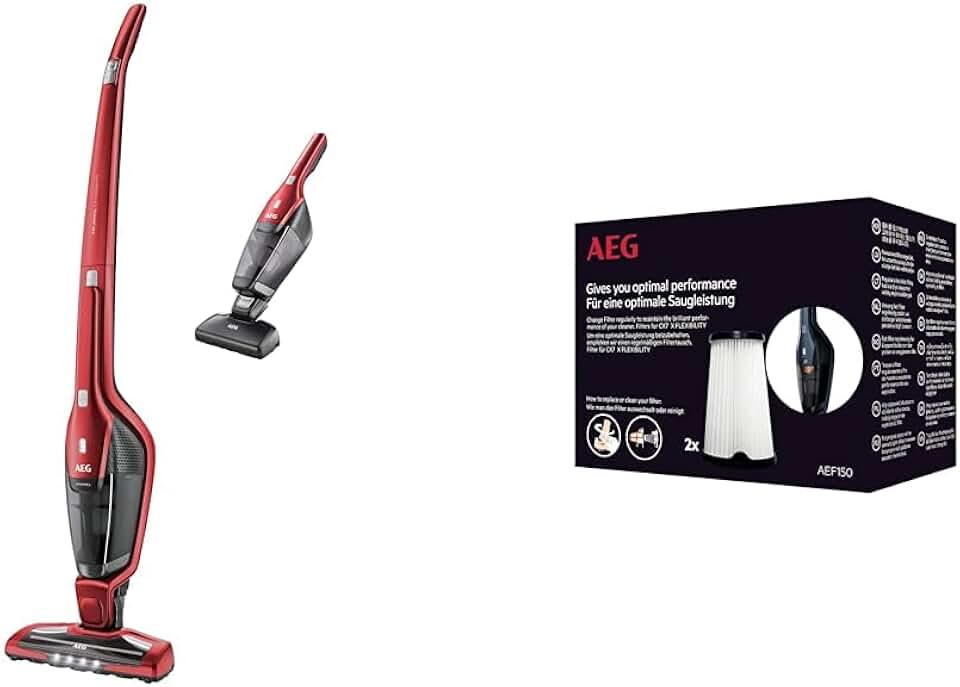 AEG CX7 Flexibility Animal Aspiradora Escoba 2 en 1 con Batería de Litio TurboPower HD Especial Pelo de Mascota, Rojo Chile + AEG AEF150 Pack de 2 Filtros Extra