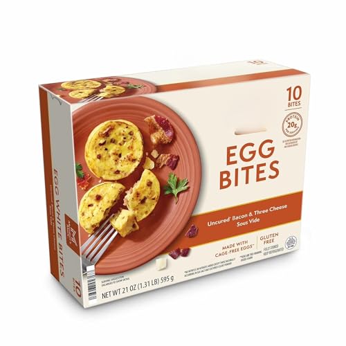 Sous Vide Uncured Bacon and Three Cheese Egg Bites, Protein-Rich Breakfast Egg Bites with Uncured Bacon, Cheddar, Monterey Jack and Gruyere Cheeses, Fully Cooked Ready-to-Heat Breakfast, 5 Pack – TOTAL NET WT [ 21 OZ , 1.31 LB ]