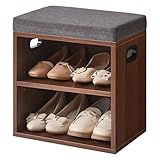 YMYNY Petit Banc Chaussures Entrée avec Coussin, 2 Tiers Banc Rangement Chaussures, pour l'entrée, Le Salon, Le Couloir, la Chambre à Coucher, 42H*39L*28Wcm, Noyer Clair HBD028LW