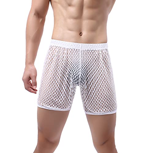 Men's See Through Mesh Shorts Sexy Hollow Boxer Underwear CLoose Lounge Shorts Trunks(DKYD/White,XL)