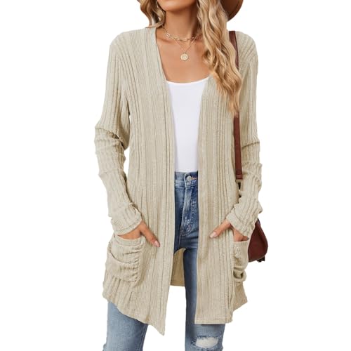 Lightweight Cardigans for Women Summer Casual Knit Long Cardigan with Pockets Trendy Long Sleeve Open Front Cardigans Business Thin Plain Y2K Fall Clothes Cardigan Sweaters for Women 2025 Beige S