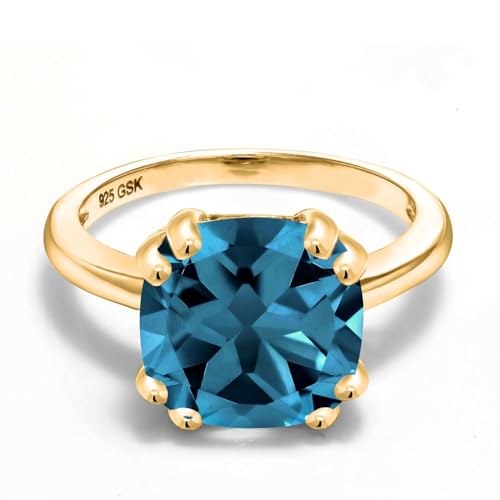 Gem Stone King 3-5 Cttw Gemstone Birthstone Double Prong Solitaire Ring for Women | 18K Yellow Gold Plated Silver | 10MM Cushion Cut | Fine Wedding Anniversary Engagement Promise Ring3