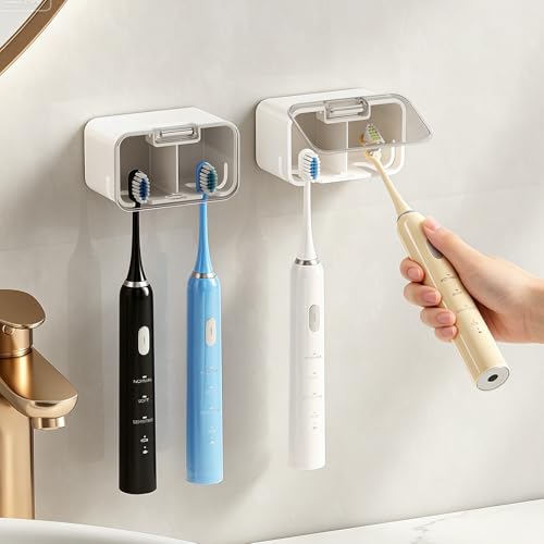 MOPMS Toothbrush Holders for Bathrooms with 2 Slot Independent Compartment | 3PCS Electric Toothbrush Holder Wall Mounted for Shower, Toothbrush Dispenser Storage Organizer with Cover for Family