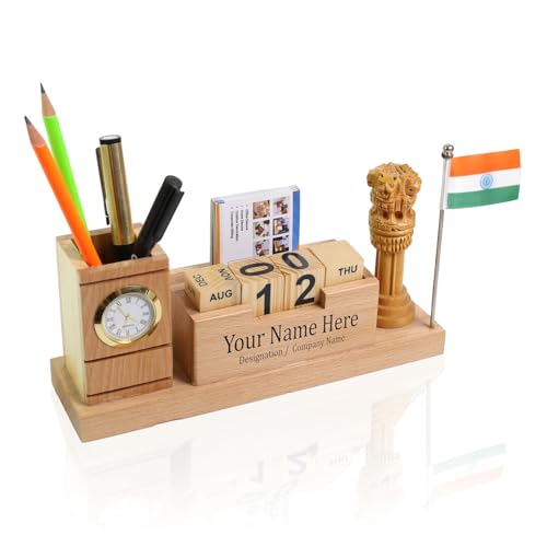 Image of EpicLane Wooden Pen Holder with Clock, Infinity Calendar, Visiting Card Holder & Mobile Stand | Desk Organizer (Ashoka)