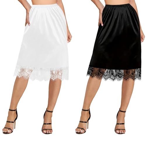 Dressever 2 Pieces Half Slips for Under Dresses Satin Long Underskirt Soft Slip for Women Skirt Extenders with Lace Trim Black White01 23