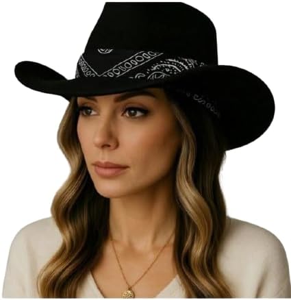 Western Premium Chapéu Country em Camurça Preta com Bandana Decorativa, Estilo Cowboy Clássico