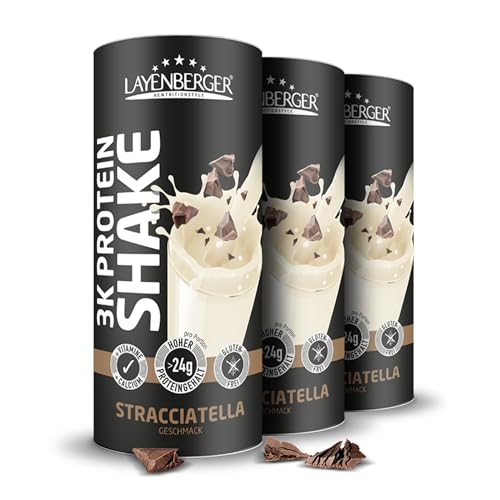 Layenberger 3K Protein Shake - 80% Eiweiß und nur 3,5% Kohlenhydrate bei 8,6 g Zucker, (3x 360 g) - Stracciatella