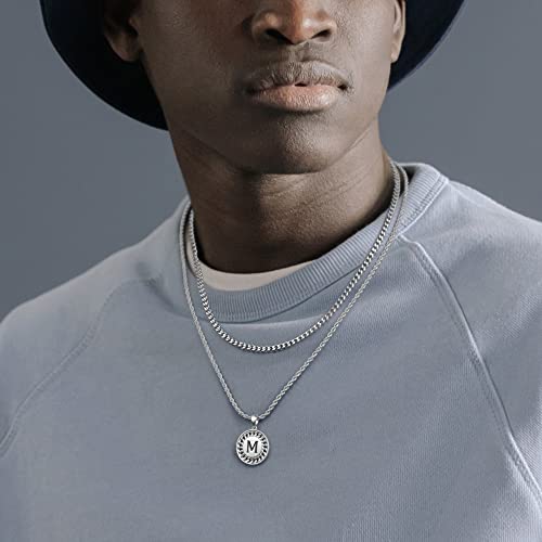 Layered Initial Necklaces For Men, Stainless Steel Silver Cuban Chain Rope Chain Initial Necklaces For Men Letter Pendant Initial M Necklace For Men Women Mens Chain Initial Necklace Jewelry Gifts #TOP4