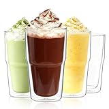 KEMORELA Set of 4 Double-Walled Glass Cups, 16 oz / 480 ml Insulated Tumblers for Iced Coffee, Latte, Matcha, Smoothies, Bubble Tea & Cold Drinks – Clear Modern Glassware, Dishwasher Safe
