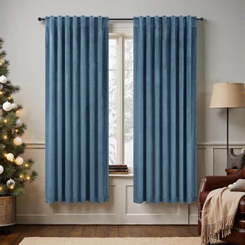 Image of Pitalk Light Blue Velvet Curtains 63 Inch Length for Boys Bedroom Kids Nursery Coastal Elegant Decor Texture Room Darkening Thermal Stone Vintage Blue Curtain for Office Kitchen Study Room 2 Panel Set