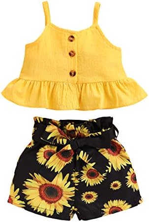 Kucnuzki Toddler Baby Girl Clothes Summer Outfits Ruffle Sleeveless Linen Shirt Kid Short Set for Girl (2T / 3T, Yellow+Black)