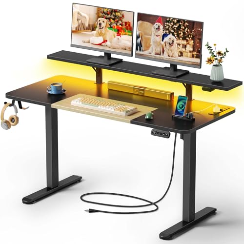 Rolanstar Escritorio Regulable en Altura, Escritorio 140x60 cm Regulable en Altura con LED y Enchufes, Escritorio Ergonómico Gaming para Oficina en Casa, Oficina, Negro