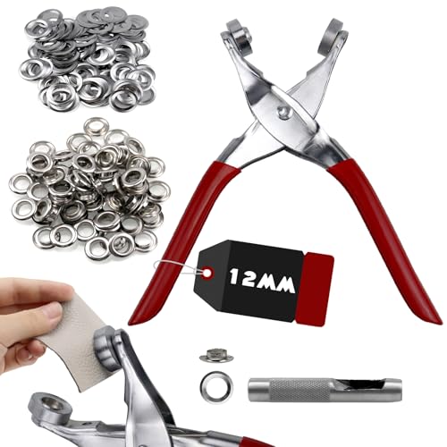 CNQLIS Kit de herramientas de ojales de 1/2 pulgada, kit de ojales, alicates de perforación de cuero con 200 ojales de metal plateado para cuero, cinturones, zapatos, tela