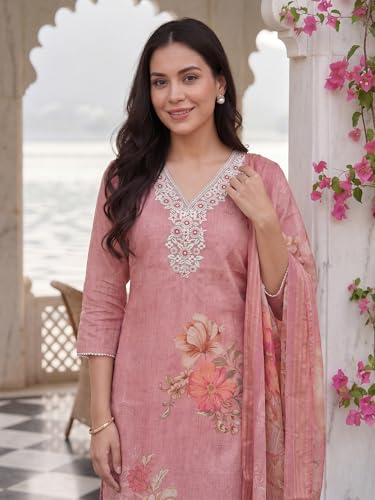 Image of INDO ERA Women's Straight Linen Floral Printed Embroidered Kurta & Pant with Dupatta Set