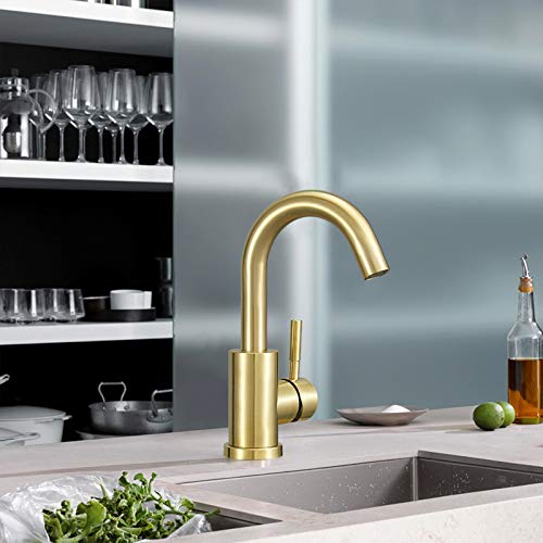 Hoimpro Modern Single Handle Wet Bar Sink Faucet With 6 Inch Cover Plate, Single Hole Bathroom Lavatory Faucet,Rv Small Bathroom Sink Faucet,Bar Vanity Faucet,Brushed Gold #TOP3