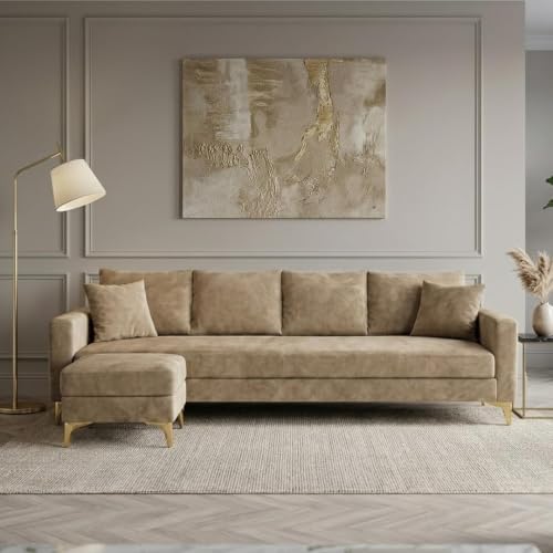 Image of Classiq Rich 5 Seater L Shape Sofa Set with Movable Ottoman | Flexible Layout | Spacious Soft Touch Seating | Designer Sofa for Living Room (Beige)