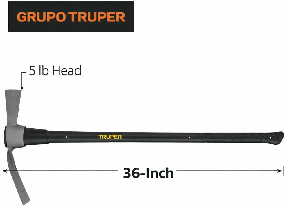 Truper Cutter Mattock Pick Axe - Pickaxe 5 Lb Steelhead with 36-Inch Fiberglass Handle - Pick Axes for Digging - 31638