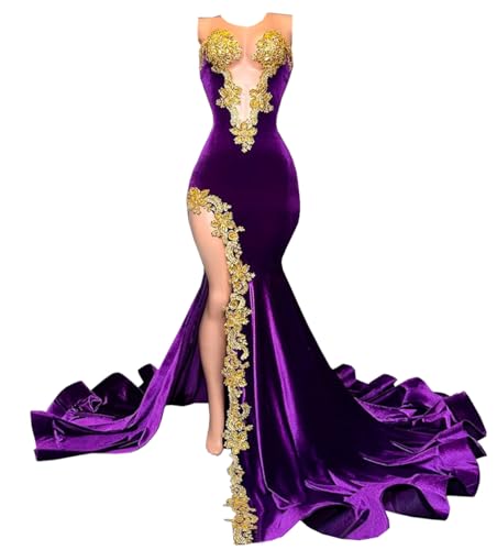 Image of Velvet Prom Dresses Beaded Applique Sleeveless Celebrity Pageant Split Mermaid Evening Gala Gown