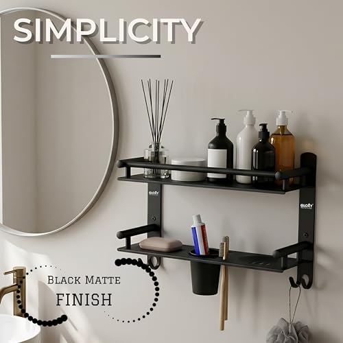 Image of GLOXY Premium Black Matt Finish Bathroom Shelf Rack - Wall Mount 4in1 Multipurpose Double Soap Stand for Bathroom with Toothpaste Holder - Bathroom Fittings Accessories Set with Multipurpose Hooks