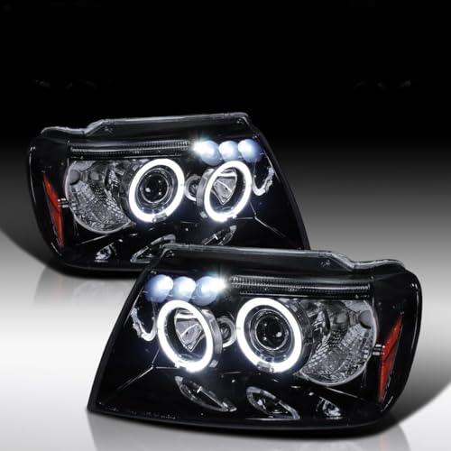 Autozensation Compatible with 1999-2004 Jeep Grand Cherokee Left + Right Pair Headlamps Assembly Halo Projector LED Glossy Black Housing Smoke Lens Headlights
