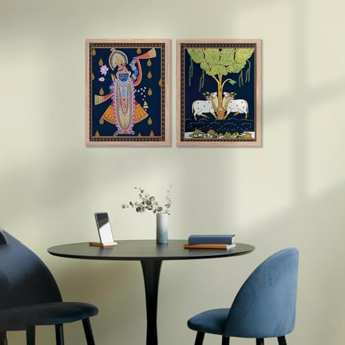 Image of kotart Traditional Indian Wall Art Painting Set of 2 | Kamdhenu Cow Design | MDF Wooden Framed Spiritual Wall Decor for Living Room, Pooja Room & Home (Art 5, 25x37 Inch)