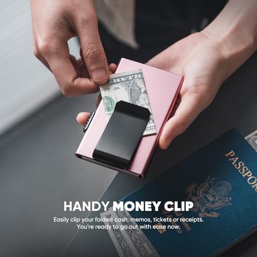 Image of VULKIT Minimalist Wallet with Money Clip RFID Protection Pop Up Card Holder Slim Wallet Credit Card Holder Metal Wallet, Rose Gold