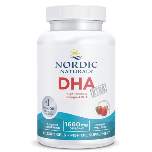 Nordic Naturals DHA Xtra 1660mg Omega 3 Capsules High Strength Fish Oil with EPA and DHA Strawberry Flavour 60 Softgels Soy-Free Gluten-Free